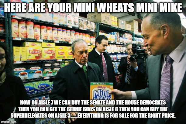 Little mike Goes shopping at the DNC market.  This little piggy stayed owned. | HERE ARE YOUR MINI WHEATS MINI MIKE; NOW ON AISLE 7 WE CAN BUY THE SENATE AND THE HOUSE DEMOCRATS THEN YOU CAN GET THE BERNIE BROS ON AISLE 8 THEN YOU CAN BUY THE SUPERDELEGATES ON AISLE 3.......EVERYTHING IS FOR SALE FOR THE RIGHT PRICE. | image tagged in politics lol,money in politics | made w/ Imgflip meme maker