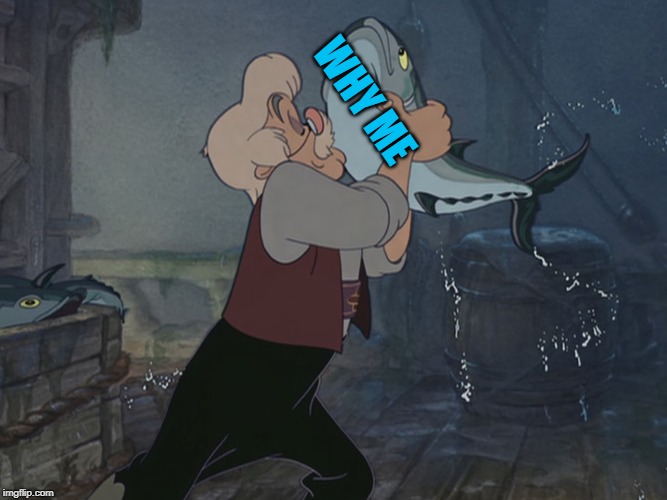 Sacrifice the fishy | WHY ME | image tagged in pinnochio,why me,fish | made w/ Imgflip meme maker