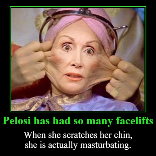 Pelosi has had so many facelifts that... | Pelosi has had so many facelifts | When she scratches her chin, she is actually masturbating. | image tagged in funny,demotivationals,masturbation,facelifts,good old nancy pelosi,preparation h | made w/ Imgflip demotivational maker