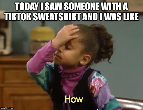 forehead slap | TODAY I SAW SOMEONE WITH A TIKTOK SWEATSHIRT AND I WAS LIKE; How | image tagged in forehead slap | made w/ Imgflip meme maker