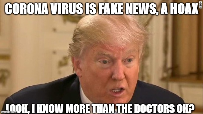 It never ends with this idiot | CORONA VIRUS IS FAKE NEWS, A HOAX; LOOK, I KNOW MORE THAN THE DOCTORS OK? | image tagged in memes,politics,maga,impeach trump,donald trump is an idiot,wtf | made w/ Imgflip meme maker
