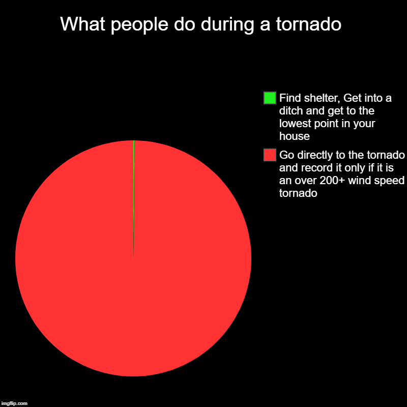 What people do during a tornado | Go directly to the tornado and record it only if it is an over 200+ wind speed tornado, Find shelter, Get  | image tagged in charts,pie charts | made w/ Imgflip chart maker