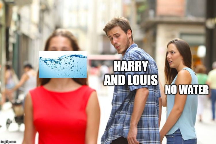 Distracted Boyfriend Meme | HARRY
AND LOUIS; NO WATER | image tagged in memes,distracted boyfriend | made w/ Imgflip meme maker