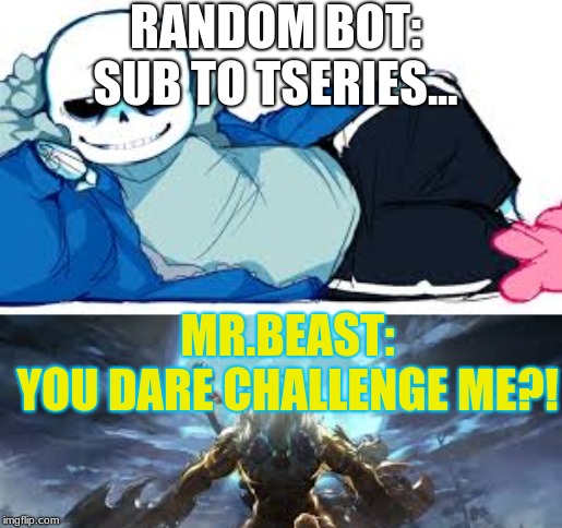 RANDOM BOT: SUB TO TSERIES... MR.BEAST:
YOU DARE CHALLENGE ME?! | image tagged in mr beast | made w/ Imgflip meme maker