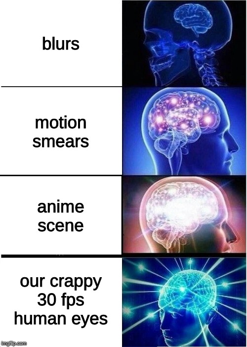 Expanding Brain Meme | blurs; motion smears; anime scene; our crappy 30 fps human eyes | image tagged in memes,expanding brain | made w/ Imgflip meme maker