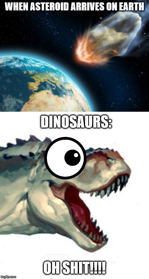 WHEN ASTEROID ARRIVES ON EARTH; DINOSAURS:; OH SHIT!!!! | image tagged in oh shit | made w/ Imgflip meme maker