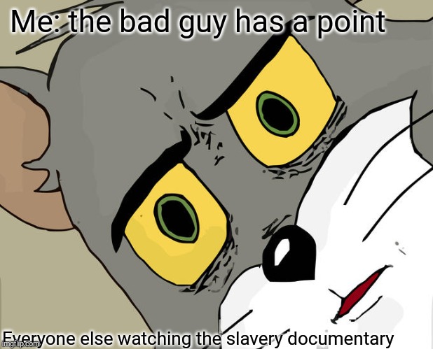 Unsettled Tom Meme | Me: the bad guy has a point; Everyone else watching the slavery documentary | image tagged in memes,unsettled tom | made w/ Imgflip meme maker