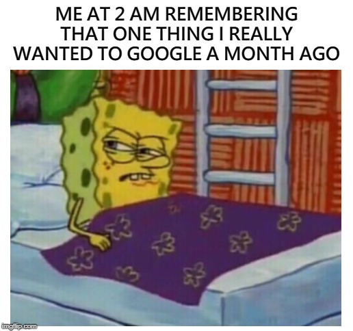 Oh well, I'll remember it tomorrow... | ME AT 2 AM REMEMBERING THAT ONE THING I REALLY WANTED TO GOOGLE A MONTH AGO | image tagged in blank white template,spongebob,google | made w/ Imgflip meme maker