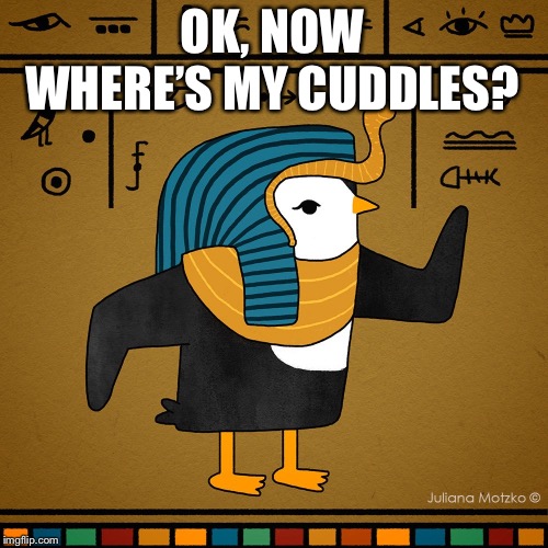 EgyptianPenguin | OK, NOW WHERE’S MY CUDDLES? | image tagged in egyptianpenguin | made w/ Imgflip meme maker