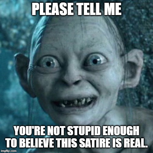 Gollum | PLEASE TELL ME; YOU'RE NOT STUPID ENOUGH TO BELIEVE THIS SATIRE IS REAL. | image tagged in memes,gollum | made w/ Imgflip meme maker