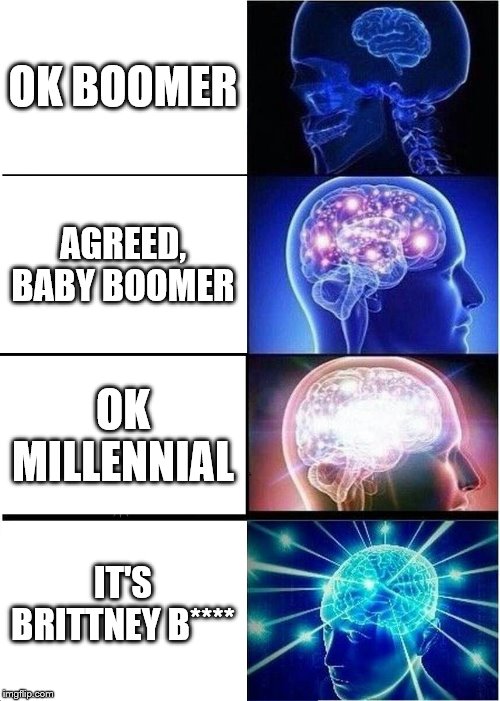 Expanding Brain | OK BOOMER; AGREED, BABY BOOMER; OK MILLENNIAL; IT'S BRITTNEY B**** | image tagged in memes,expanding brain | made w/ Imgflip meme maker