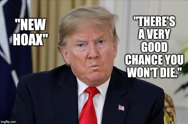 "NEW HOAX"; "THERE'S A VERY GOOD CHANCE YOU WON'T DIE." | image tagged in trump,hoax,coronavirus | made w/ Imgflip meme maker