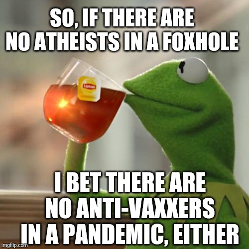 But That's None Of My Business | SO, IF THERE ARE NO ATHEISTS IN A FOXHOLE; I BET THERE ARE NO ANTI-VAXXERS IN A PANDEMIC, EITHER | image tagged in memes,but thats none of my business,kermit the frog | made w/ Imgflip meme maker