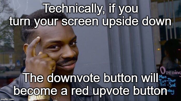 Roll Safe Think About It Meme | Technically, if you turn your screen upside down The downvote button will become a red upvote button | image tagged in memes,roll safe think about it | made w/ Imgflip meme maker