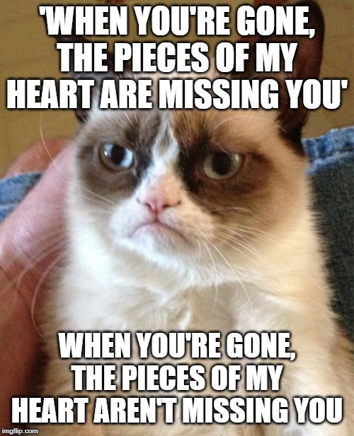 Grumpy Cat | 'WHEN YOU'RE GONE, THE PIECES OF MY HEART ARE MISSING YOU'; WHEN YOU'RE GONE, THE PIECES OF MY HEART AREN'T MISSING YOU | image tagged in memes,grumpy cat,musically malicious grumpy cat,anger,funny,avril lavigne | made w/ Imgflip meme maker
