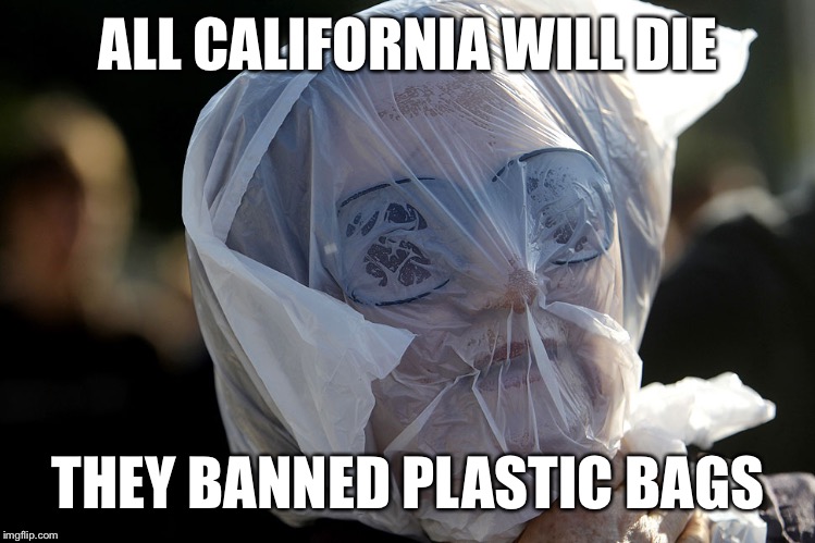 Plastic Bag Challenge | ALL CALIFORNIA WILL DIE THEY BANNED PLASTIC BAGS | image tagged in plastic bag challenge | made w/ Imgflip meme maker