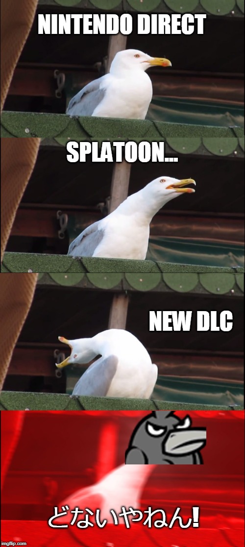 Inhaling Seagull Meme | NINTENDO DIRECT; SPLATOON... NEW DLC; どないやねん! | image tagged in memes,inhaling seagull | made w/ Imgflip meme maker