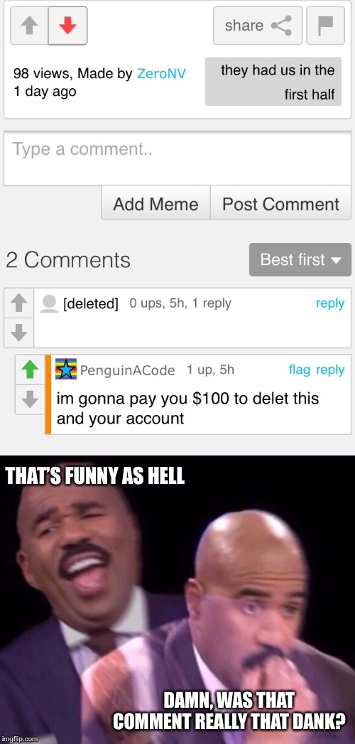 When you post in fun instead of front page lol | THAT’S FUNNY AS HELL; DAMN, WAS THAT COMMENT REALLY THAT DANK? | image tagged in steve harvey laughing serious | made w/ Imgflip meme maker