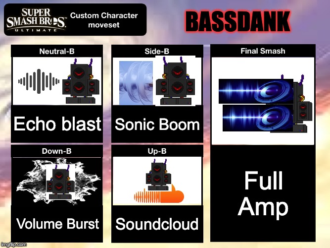 Requested by Nameless_ACG | BASSDANK; Echo blast; Sonic Boom; Full Amp; Volume Burst; Soundcloud | image tagged in smash ultimate custom moveset | made w/ Imgflip meme maker