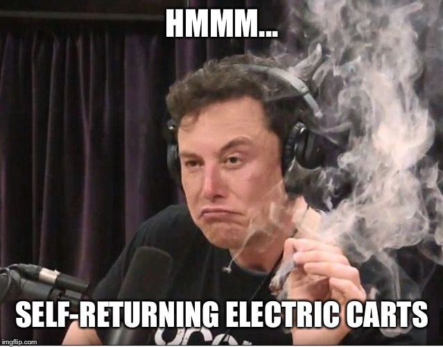 Elon Musk smoking a joint | HMMM... SELF-RETURNING ELECTRIC CARTS | image tagged in elon musk smoking a joint | made w/ Imgflip meme maker