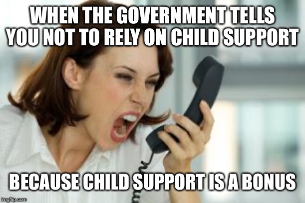 Angry woman | WHEN THE GOVERNMENT TELLS YOU NOT TO RELY ON CHILD SUPPORT; BECAUSE CHILD SUPPORT IS A BONUS | image tagged in angry woman | made w/ Imgflip meme maker