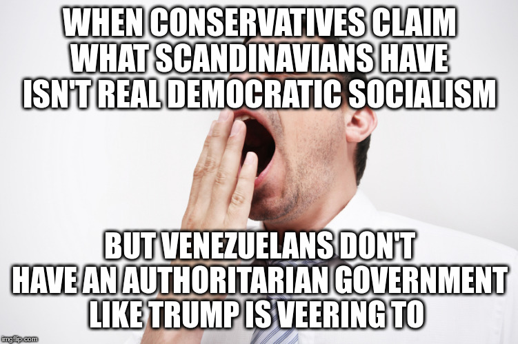 We'll just define it the way we feel like it on that day | WHEN CONSERVATIVES CLAIM WHAT SCANDINAVIANS HAVE ISN'T REAL DEMOCRATIC SOCIALISM; BUT VENEZUELANS DON'T HAVE AN AUTHORITARIAN GOVERNMENT LIKE TRUMP IS VEERING TO | image tagged in yawn,trump,socialism,democratic socialism,authoritarianism,humor | made w/ Imgflip meme maker