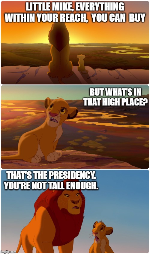 Lion King Meme | LITTLE MIKE, EVERYTHING WITHIN YOUR REACH,  YOU CAN  BUY; BUT WHAT'S IN THAT HIGH PLACE? THAT'S THE PRESIDENCY. YOU'RE NOT TALL ENOUGH. | image tagged in lion king meme | made w/ Imgflip meme maker