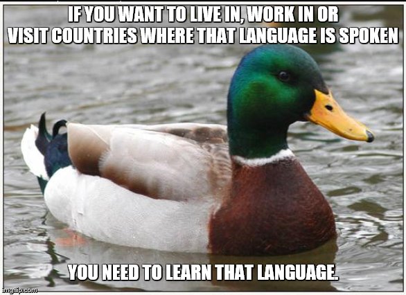 Actual Advice Mallard Meme | IF YOU WANT TO LIVE IN, WORK IN OR VISIT COUNTRIES WHERE THAT LANGUAGE IS SPOKEN YOU NEED TO LEARN THAT LANGUAGE. | image tagged in memes,actual advice mallard | made w/ Imgflip meme maker