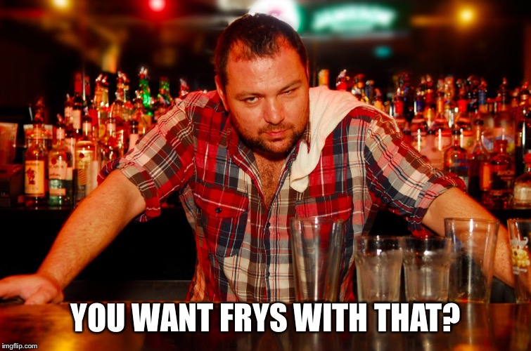 annoyed bartender | YOU WANT FRYS WITH THAT? | image tagged in annoyed bartender | made w/ Imgflip meme maker