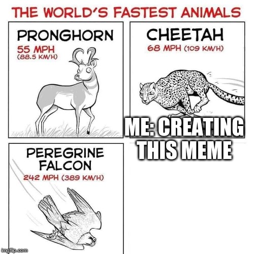 The world's fastest animals | ME: CREATING THIS MEME | image tagged in the world's fastest animals | made w/ Imgflip meme maker