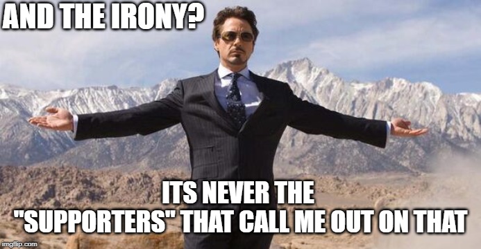 Robert Downey Iron Man | AND THE IRONY? ITS NEVER THE 
"SUPPORTERS" THAT CALL ME OUT ON THAT | image tagged in robert downey iron man | made w/ Imgflip meme maker