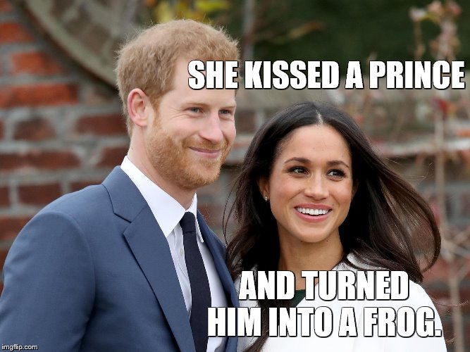 Prince Harry and Meghan | SHE KISSED A PRINCE; AND TURNED HIM INTO A FROG. | image tagged in prince harry and meghan,royals,marriage,frogs,fairy tales | made w/ Imgflip meme maker