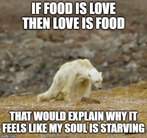 Polar bear | IF FOOD IS LOVE THEN LOVE IS FOOD; THAT WOULD EXPLAIN WHY IT FEELS LIKE MY SOUL IS STARVING | image tagged in polar bear | made w/ Imgflip meme maker