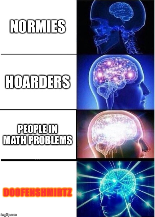Expanding Brain | NORMIES; HOARDERS; PEOPLE IN MATH PROBLEMS; DOOFENSHMIRTZ | image tagged in memes,expanding brain | made w/ Imgflip meme maker