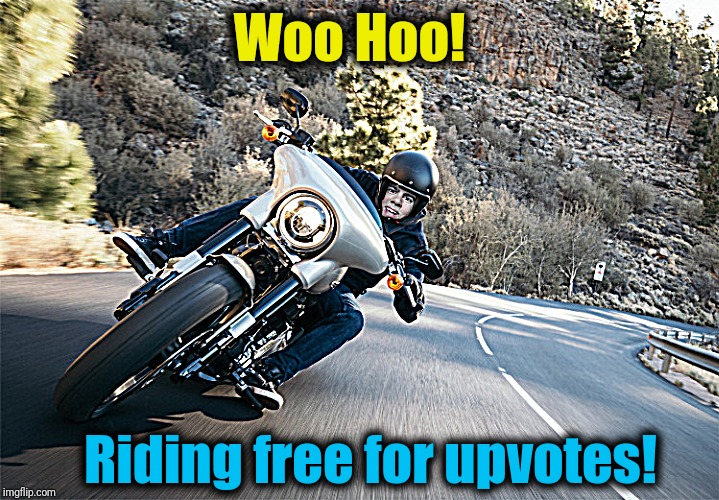 Thanks to Kewl Lew for making this photo possible | Woo Hoo! Riding free for upvotes! | image tagged in harley davidson,upvotes | made w/ Imgflip meme maker