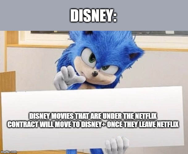 Sonic holding sign | DISNEY:; DISNEY MOVIES THAT ARE UNDER THE NETFLIX CONTRACT WILL MOVE TO DISNEY+ ONCE THEY LEAVE NETFLIX | image tagged in sonic holding sign,disney,netflix | made w/ Imgflip meme maker