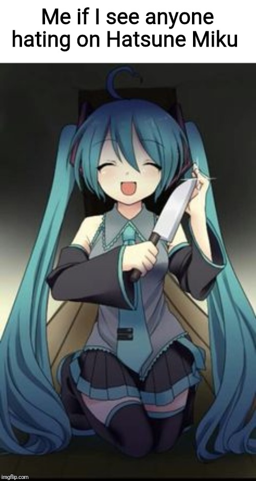 This girl is precious, and we must protect her | Me if I see anyone hating on Hatsune Miku | image tagged in knifu hatsune miku,hatsune miku,vocaloid,memes,protection,he protec he attac but most importantly | made w/ Imgflip meme maker