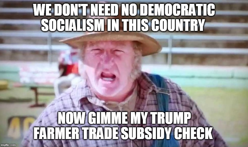 It's not socialism when Republicans do it. | WE DON'T NEED NO DEMOCRATIC SOCIALISM IN THIS COUNTRY; NOW GIMME MY TRUMP FARMER TRADE SUBSIDY CHECK | image tagged in farmer fran,donald trump,republicans,socialism,democratic socialism | made w/ Imgflip meme maker