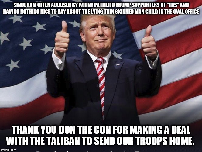 Donald Trump Thumbs Up | SINCE I AM OFTEN ACCUSED BY WHINY PATHETIC TRUMP SUPPORTERS OF "TDS" AND HAVING NOTHING NICE TO SAY ABOUT THE LYING THIN SKINNED MAN CHILD IN THE OVAL OFFICE; THANK YOU DON THE CON FOR MAKING A DEAL WITH THE TALIBAN TO SEND OUR TROOPS HOME. | image tagged in donald trump thumbs up | made w/ Imgflip meme maker