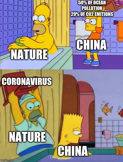 50% OF OCEAN POLLUTION
29% OF C02 EMITIONS; NATURE; CHINA; CORONAVIRUS; NATURE; CHINA | image tagged in lol | made w/ Imgflip meme maker