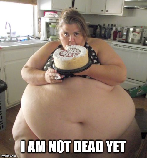 Happy Birthday Fat Girl | I AM NOT DEAD YET | image tagged in happy birthday fat girl | made w/ Imgflip meme maker