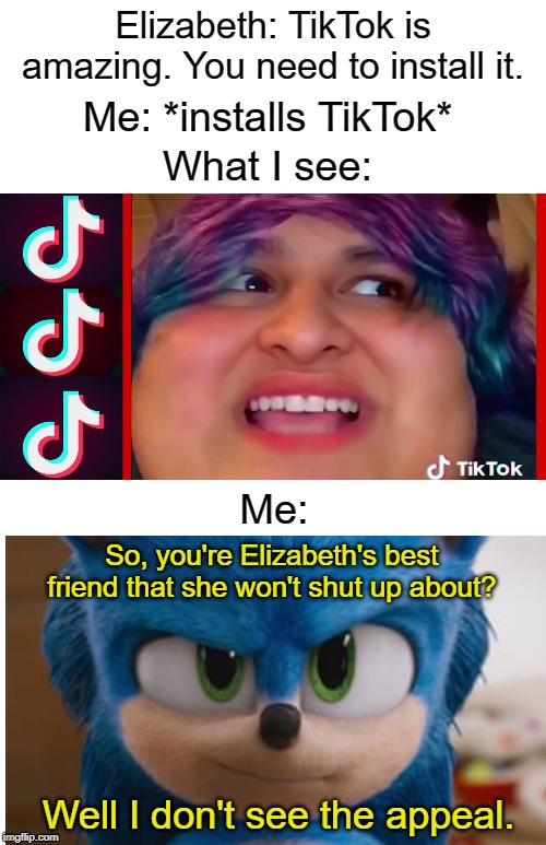 tiktok is bad | Elizabeth: TikTok is amazing. You need to install it. Me: *installs TikTok*; What I see:; Me:; So, you're Elizabeth's best friend that she won't shut up about? Well I don't see the appeal. | image tagged in tiktok is bad | made w/ Imgflip meme maker
