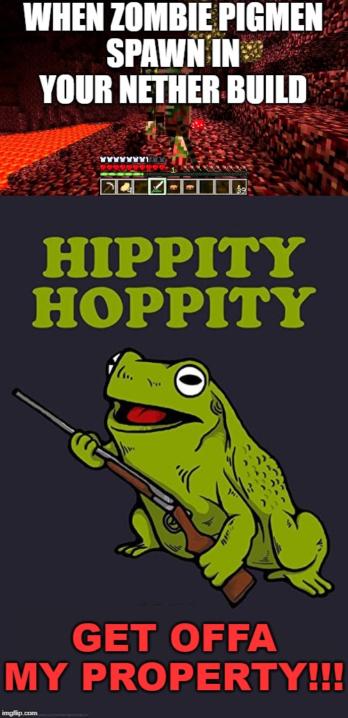 Hippity Hoppity | WHEN ZOMBIE PIGMEN
SPAWN IN YOUR NETHER BUILD; GET OFFA MY PROPERTY!!! | image tagged in minecraft,frog | made w/ Imgflip meme maker