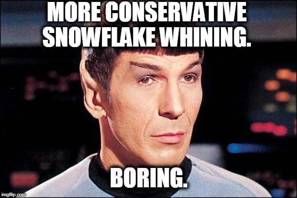 Condescending Spock | MORE CONSERVATIVE SNOWFLAKE WHINING. BORING. | image tagged in condescending spock | made w/ Imgflip meme maker