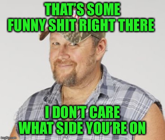 Larry The Cable Guy Meme | THAT’S SOME FUNNY SHIT RIGHT THERE I DON’T CARE WHAT SIDE YOU’RE ON | image tagged in memes,larry the cable guy | made w/ Imgflip meme maker