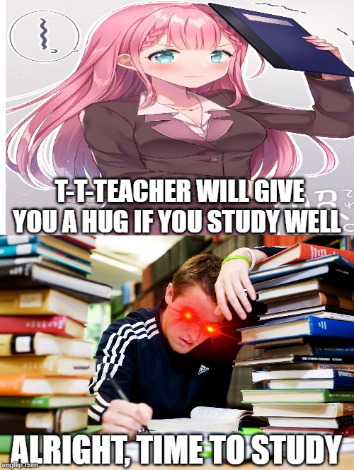 T-T-TEACHER WILL GIVE YOU A HUG IF YOU STUDY WELL; ALRIGHT, TIME TO STUDY | image tagged in studying | made w/ Imgflip meme maker