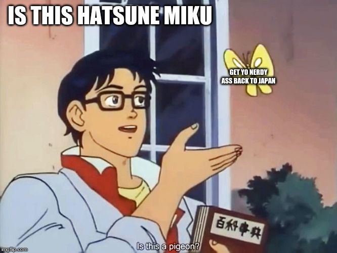 ANIME BUTTERFLY MEME | IS THIS HATSUNE MIKU; GET YO NERDY ASS BACK TO JAPAN | image tagged in anime butterfly meme | made w/ Imgflip meme maker