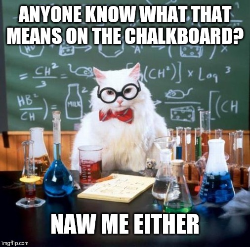 Chemistry Cat | ANYONE KNOW WHAT THAT MEANS ON THE CHALKBOARD? NAW ME EITHER | image tagged in memes,chemistry cat | made w/ Imgflip meme maker