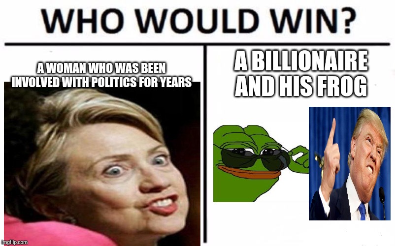 Who Would Win? | A BILLIONAIRE AND HIS FROG; A WOMAN WHO WAS BEEN INVOLVED WITH POLITICS FOR YEARS | image tagged in memes,who would win | made w/ Imgflip meme maker