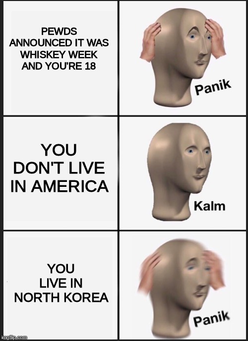 panik calm panik | PEWDS ANNOUNCED IT WAS WHISKEY WEEK AND YOU'RE 18; YOU DON'T LIVE IN AMERICA; YOU LIVE IN NORTH KOREA | image tagged in panik calm panik | made w/ Imgflip meme maker